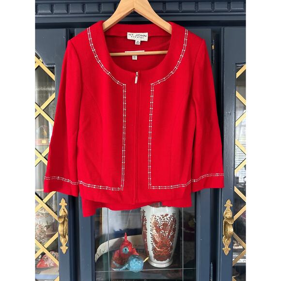 St. John Evening Jacket and Shell top Red jeweled crystals Medium 8 Set Sparkle - Picture 6 of 8